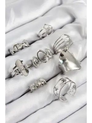 Pirinç Sarmal Ve Yıldız Model Gümüş Renk Kadın Yüzük Kombin Set