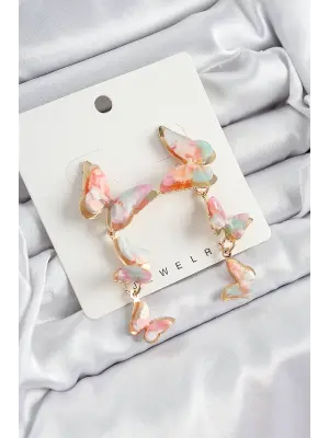 Pirinç Sedef Sallantılı Mermer Desenli Kelebek Model Gold Renk Vintage Kadın Küpe