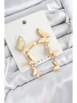 Pirinç Sedef Sallantılı Mermer Desenli Kelebek Model Gold Renk Vintage Kadın Küpe