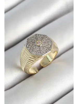 Pirinç Sekizgen Figür Zirkon Taşlı Gold Renk Ayarlanabilir Kadın Yüzük