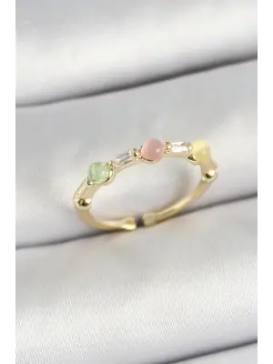 Pirinç Sıralı Boncuk Figürlü Zirkon Taşlı Gold Renk Ayarlanabilir Kadın Yüzük