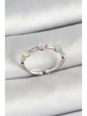 Pirinç Sıralı Boncuk Figürlü Zirkon Taşlı Gümüş Renk Ayarlanabilir Kadın Yüzük