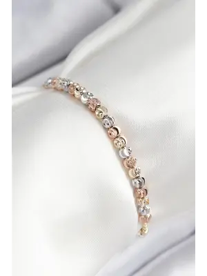 Pirinç Sıralı Boncuk Model Gold Gümüş Roz Renk Asansörlü Kadın Bileklik