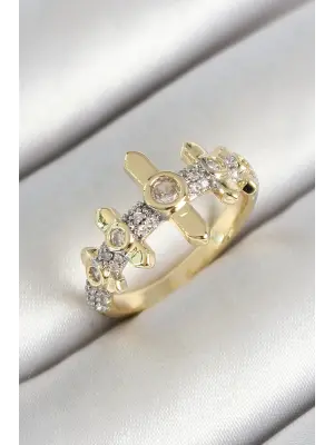 Pirinç Sıralı Çit Figürlü Zirkon Taşlı Gold Renk Ayarlanabilir Kadın Yüzük