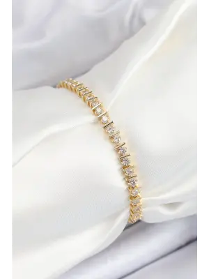 Pirinç Sıralı Çit Model Zirkon Taşlı Gold Renk VİP Seri Kadın Bileklik