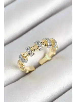 Pirinç Sıralı Daire Figürlü Zirkon Taşlı Gold Renk Ayarlanabilir Kadın Yüzük