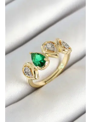 Pirinç Sıralı Damla Figürlü Zirkon Taşlı Gold Renk Ayarlanabilir Kadın Yüzük