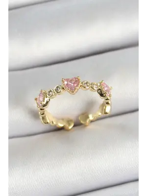 Pirinç Sıralı Kalp Figürlü Zirkon Taşlı Gold Renk Ayarlanabilir Kadın Yüzük