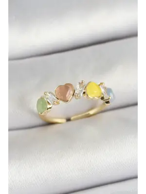 Pirinç Sıralı Kalp Figürlü Zirkon Taşlı Gold Renk Ayarlanabilir Kadın Yüzük