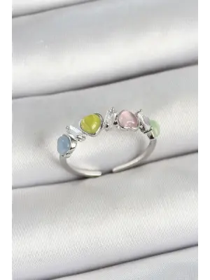 Pirinç Sıralı Kalp Figürlü Zirkon Taşlı Gümüş Renk Ayarlanabilir Kadın Yüzük