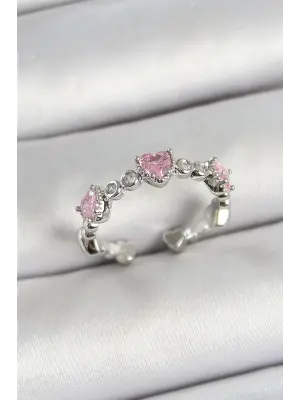 Pirinç Sıralı Kalp Figürlü Zirkon Taşlı Gümüş Renk Ayarlanabilir Kadın Yüzük