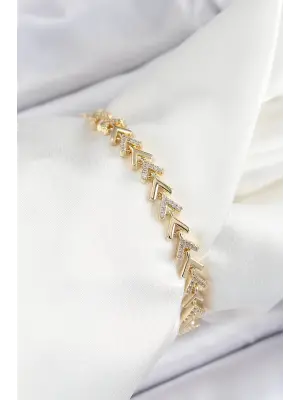 Pirinç Sıralı Ok Model Zirkon Taşlı Gold Renk VİP Seri Kadın Bileklik