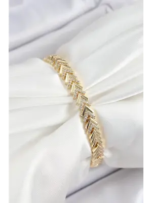 Pirinç Sıralı Ok Model Zirkon Taşlı Gold Renk VİP Seri Kadın Bileklik