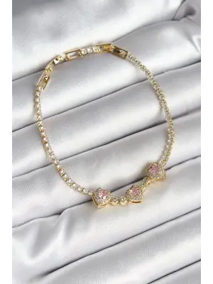 Pirinç Sıralı Pembe Kalp Figürlü Zirkon Taşlı Gold Renk Kadın Bileklik