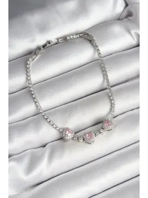 Pirinç Sıralı Pembe Kalp Figürlü Zirkon Taşlı Gümüş Renk Kadın Bileklik