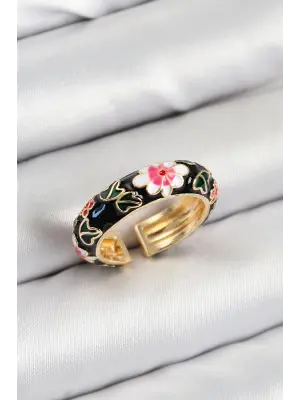 Pirinç Siyah Mineli Çiçek Motifli Gold Renk Ayarlanabilir Kadın Yüzük