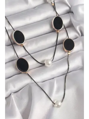 Pirinç Siyah  Zincir İnci Detaylı Çoklu  Çelik Kolye