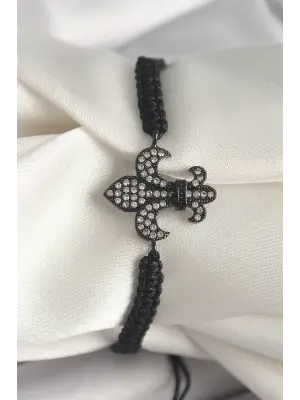 Pirinç Siyah Renk Zirkon Taşlı Zambak Figür Asansörlü Makrome Model Kadın Bileklik