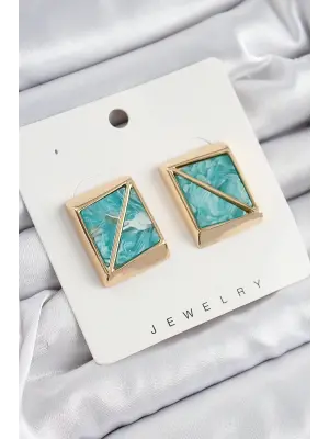 Pirinç Turkuaz Üçgen Kesim Detaylı Kare Model Vintage Gold Renk Kadın Küpe