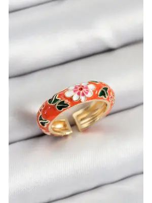 Pirinç Turuncu Mineli Çiçek Motifli Gold Renk Ayarlanabilir Kadın Yüzük