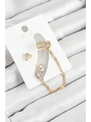 Pirinç Üçgen Figürlü Zirkon Taşlı Gold Renk 3lü Kıkırdak Kadın Küpe Set