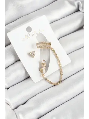 Pirinç Üçgen Figürlü Zirkon Taşlı Gold Renk 3lü Kıkırdak Kadın Küpe Set
