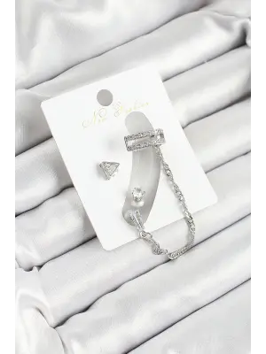 Pirinç Üçgen Figürlü Zirkon Taşlı Gümüş Renk 3lü Kıkırdak Kadın Küpe Set