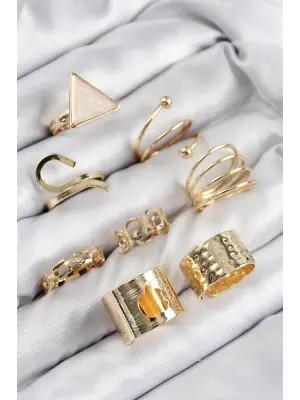 Pirinç Üçgen Model Gold Renk Kadın Yüzük Kombin Set