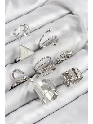 Pirinç Üçgen Model Gümüş Renk Kadın Yüzük Kombin Set