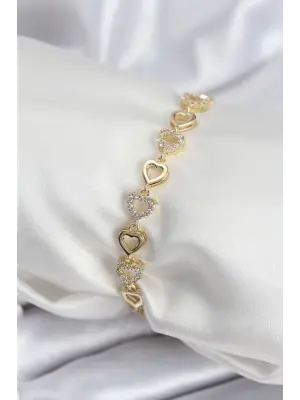 Pirinç VIP Seri Gold Renk Sıralı Kalp Model Kadın Bileklik
