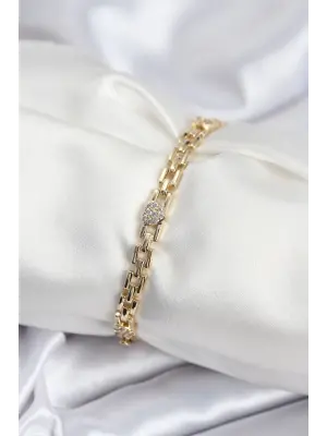 Pirinç VIP Seri Gold Renk Zincir Model Kalpli Zirkon Taşlı Kadın Bileklik