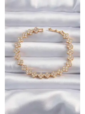 Pirinç Vip Seri Gold Renk Zirkon Taşlı Çiçek Model Bileklik