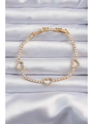 Pirinç Vip Seri Gold Renk Zirkon Taşlı Su Yolu Tasarımlı Kalp Bileklik