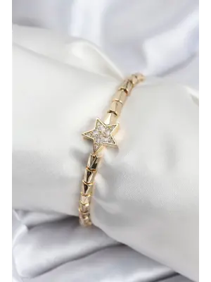 Pirinç VIP Seri Gold Renk Zirkon Taşlı Yıldız Model Kadın Bileklik