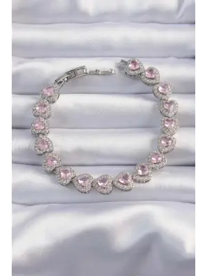 Pirinç Vip Seri Gümüş Renk Pembe Zirkon Taşlı Kalp Model Bileklik