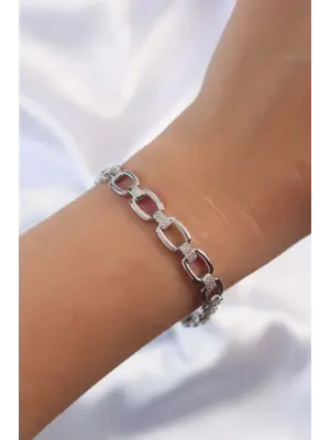 Pirinç Vip Seri Gümüş Renk Zirkon Taşlı Zincir Model Bileklik