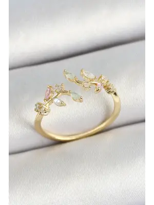 Pirinç Yaprak Figürlü Zirkon Taşlı Gold Renk Ayarlanabilir Kadın Yüzük