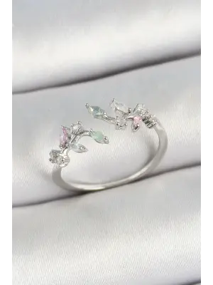 Pirinç Yaprak Figürlü Zirkon Taşlı Gümüş Renk Ayarlanabilir Kadın Yüzük