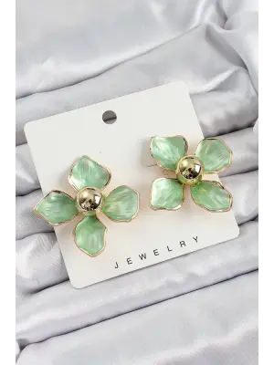 Pirinç Yeşil Çiçek Vintage Model Gold Renk Kadın Küpe