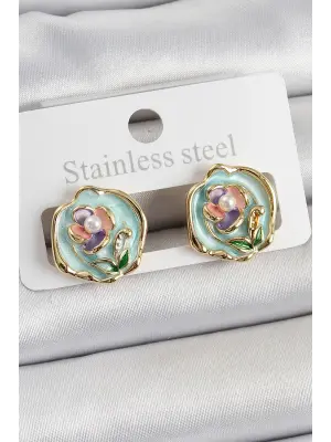 Pirinç Yeşil Mineli Çiçek Figürlü Sanatsal Portre Model Gold Renk Kadın Küpe