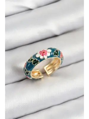 Pirinç Yeşil Mineli Çiçek Motifli Gold Renk Ayarlanabilir Kadın Yüzük