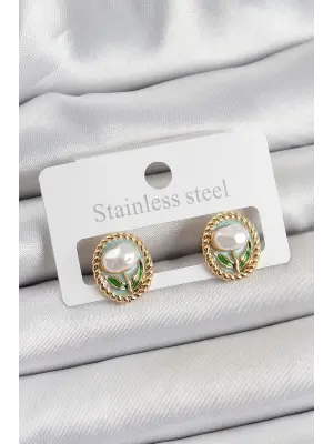 Pirinç Yeşil Mineli Lale Figürlü Sanatsal Portre Model Gold Renk Kadın Küpe