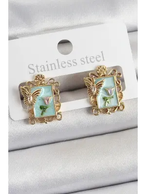 Pirinç Yeşil Mineli Sanatsal Portre Model Gold Renk Kadın Küpe