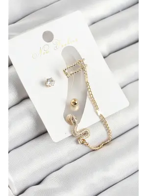 Pirinç Yılan Figürlü Zirkon Taşlı Gold Renk 3lü Kıkırdak Kadın Küpe Set