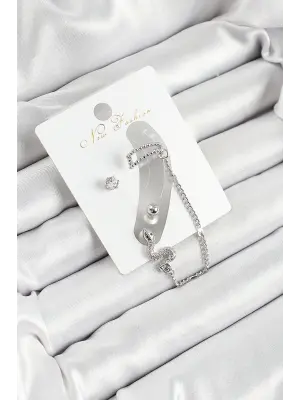 Pirinç Yılan Figürlü Zirkon Taşlı Gümüş Renk 3lü Kıkırdak Kadın Küpe Set