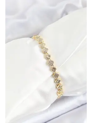 Pirinç Yonca Model Zirkon Taşlı Gold Renk VİP Seri Kadın Bileklik
