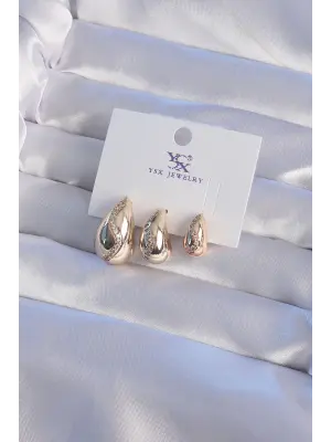  YSX Altın Zirkon Taşlı Su Damlası Küpe Seti