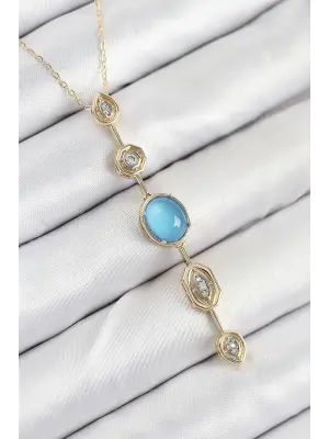 Pirinç Zincir Mavi Gold Renk Zirkon Taşlı Y Kolye