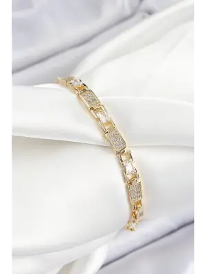 Pirinç Zincir Model Zirkon Taşlı Gold Renk VİP Seri Kadın Bileklik