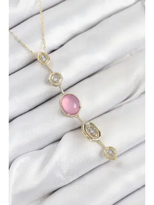 Pirinç Zincir Pembe Gold Renk Zirkon Taşlı Y Kolye